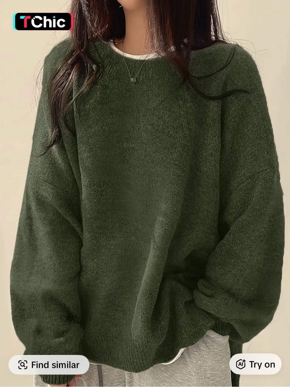 chic Olive Green Plush Crewneck Sweater for Women